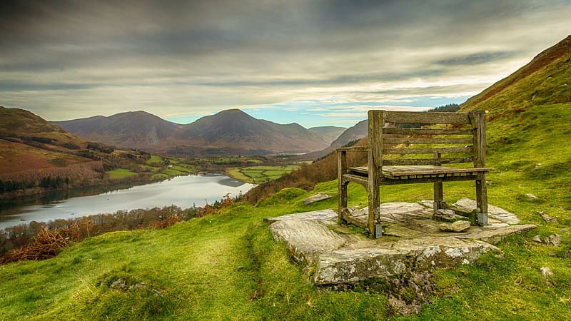 Lake District, Cumbria, England, lake, mountains, sky, clouds, bench, landscape, HD wallpaper