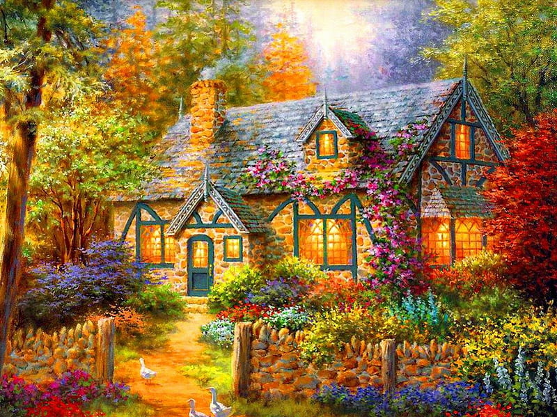 Countryside cottage, pretty, colorful, house, cottage, cabin, bonito, nice, painting, path, flowers, animals, rural, art, rustic, quiet, lovely, trees, alleys, serenity, paradise, peaceful, garden, nature, HD wallpaper