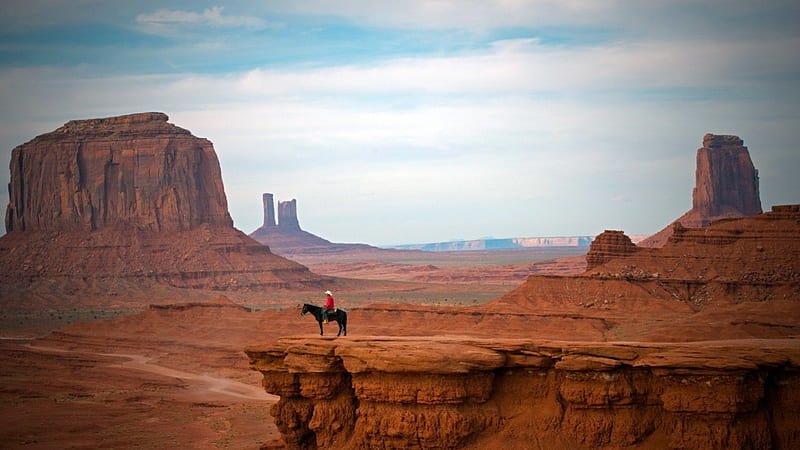 cowboy in a monumental desert, munuments, desert, cowboy, horse, HD wallpaper