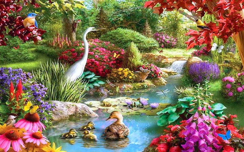 Beautiful Garden, Water, bonito, Garden, Birds, HD wallpaper