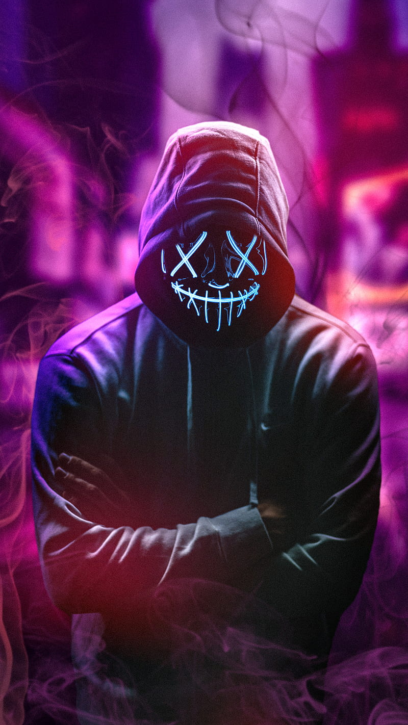 mask guy in smoke, AMAZING, city, cyberpunk, fog, hoodie, lights, neon, retro, HD phone wallpaper