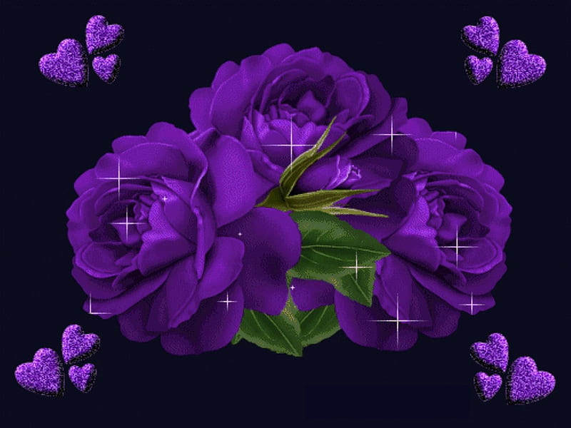 PURPLE FLOWERS & HEARTS, purple, green, flowers, black, corazones, HD wallpaper