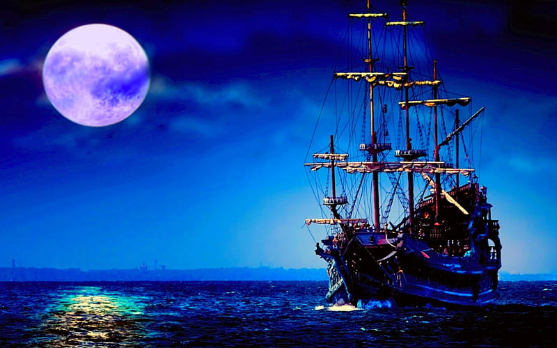 MIDNIGHT SAILING, moon, ship, sailing, sky, sea, fullmoon, light, HD wallpaper