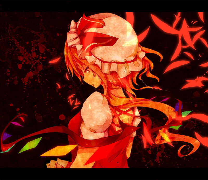 The heart is a sinful thing.., wings, ribbon, blonde hair, flandre scarlet, blood, short hair, touhou, vampire, red eyes, feathers, HD wallpaper