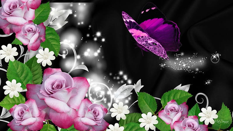 Sparkle Butterfly Trail, flowers, twinkle, shine, flash, glitz, sparkle, flame, butterfly, scintillate, papillon, flowers, light, radiate, flare, burn, glitter, spring, roses, combust, sprinkle, blaze, summer, HD wallpaper