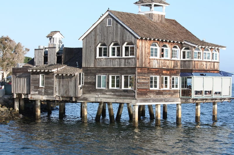 Rustic Seafood Restaurat, building, water, restaurant, pier, HD wallpaper