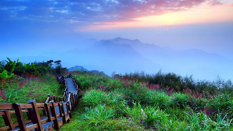 stairs down a magical mountainside, mountain, grass, slope, stairs, clouds, HD wallpaper