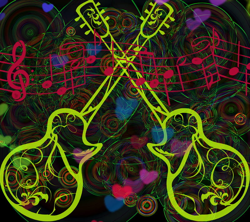 Love of Music, blue, green, guitars, corazones, music notes, purple hearts, red, HD wallpaper
