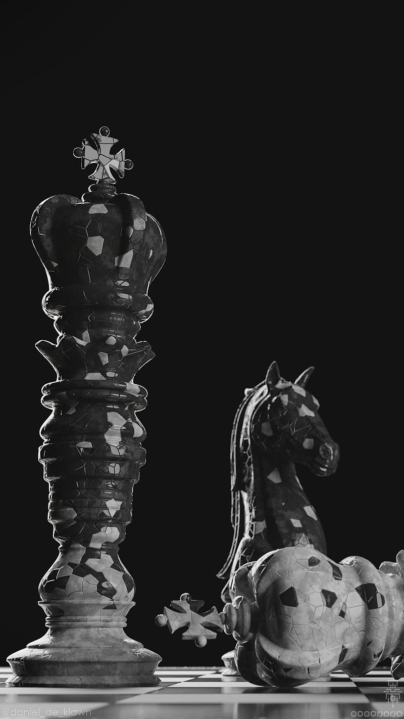 Chess king, 3d, black, horse, marble, tiles, white, HD phone wallpaper