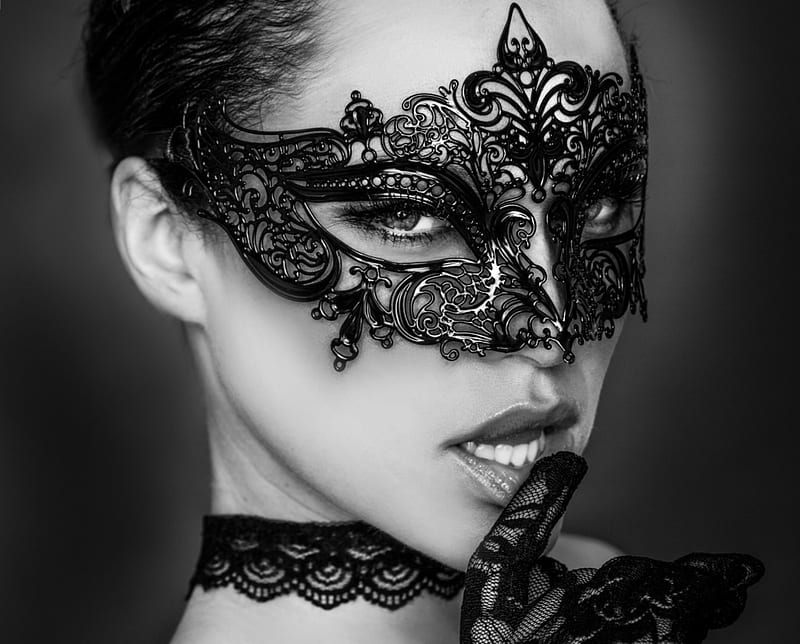 Desire, joachim bergauer, model, lace, black, woman, girl, bw, beauty, face, white, mask, HD wallpaper