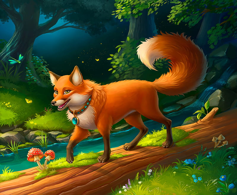 fox, forest, digital art, artwork, mushrooms, trees, Fantasy, HD wallpaper