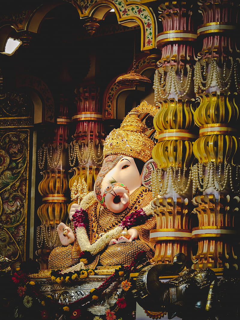 ganesha, deity, god, religion, statuette, columns, golden, HD phone wallpaper
