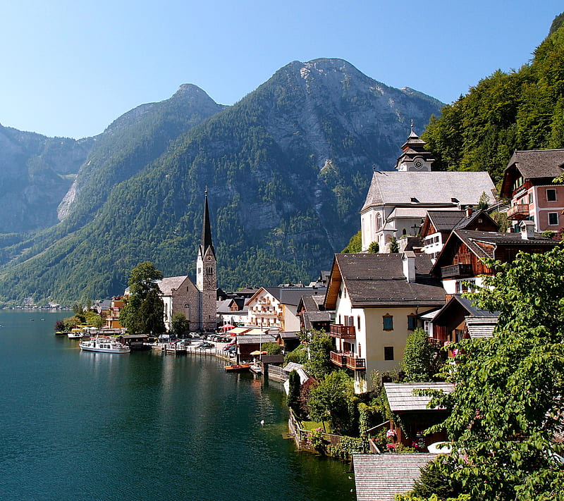 Mountainous, austria, city, lake, mountain, town, HD wallpaper
