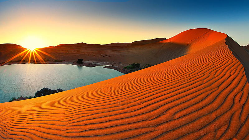 Desert Oasis - Sossusvlei, Namibia, sunset, sand, sky, dune, water, HD wallpaper