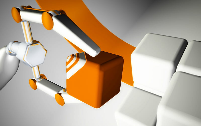 Sorting Orange and White Cubes, cubes, 3d, orange, robotic arm, white, abstract, HD wallpaper