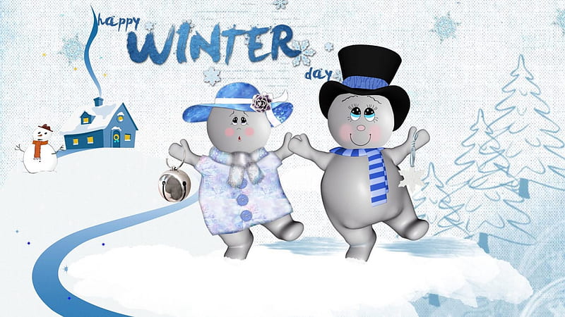 Dancing Snowmen, house, hats, artwork, pair, winter, HD wallpaper