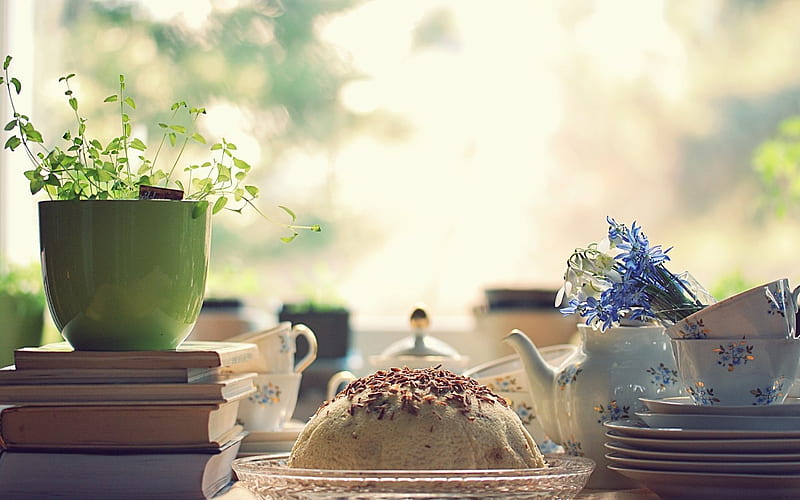 beautiful afternoon, cake, window, romantic, books, food, cg, abstract, afternoon, graphy, coffee, flower, flowers, porcelain, HD wallpaper