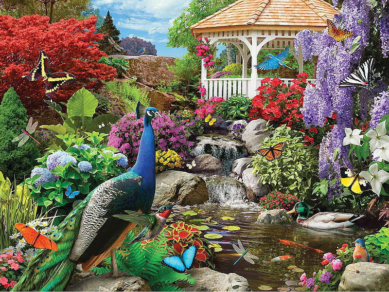 Peacock Paradise, dragonflies, digital, birds, garden, flowers, butterflies, gazebo, artwork, HD wallpaper