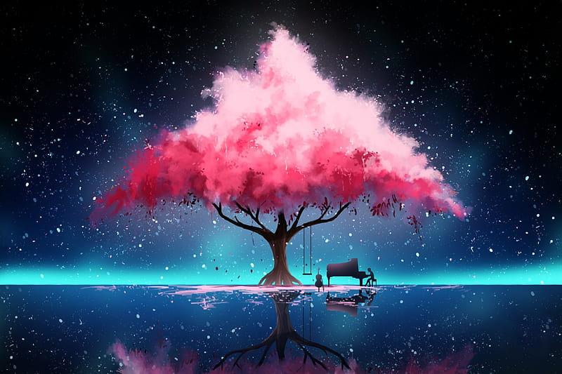 Pink tree, luminos, hinkos eigeiter, pink, blue, piano, art, water,  fantasy, HD wallpaper | Peakpx