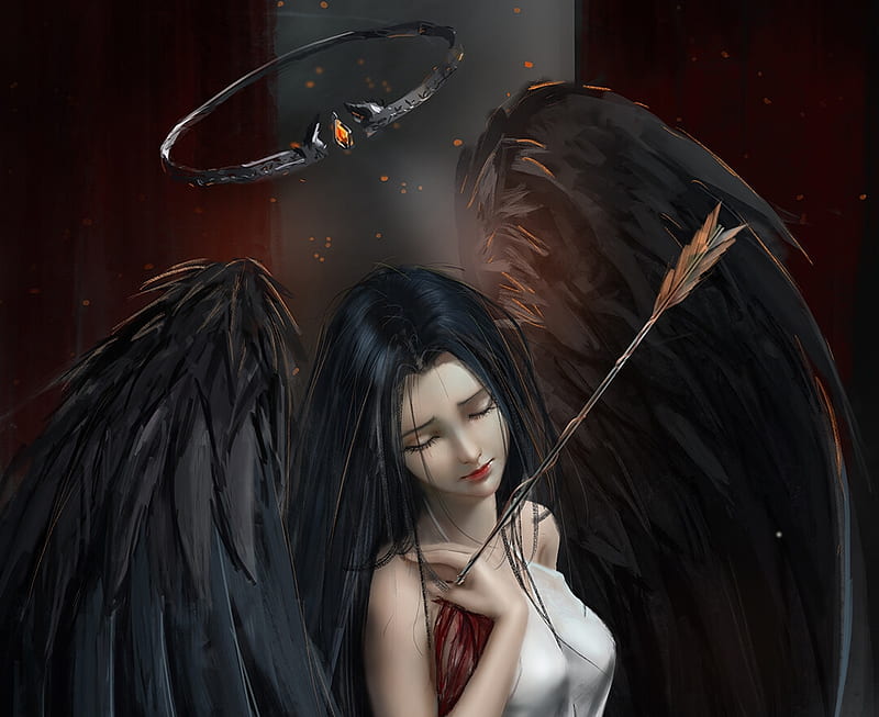 Fallen angel, wings, fantasy, luminos, girl, angel, ydiya, arrow, art, black, fallen, HD wallpaper
