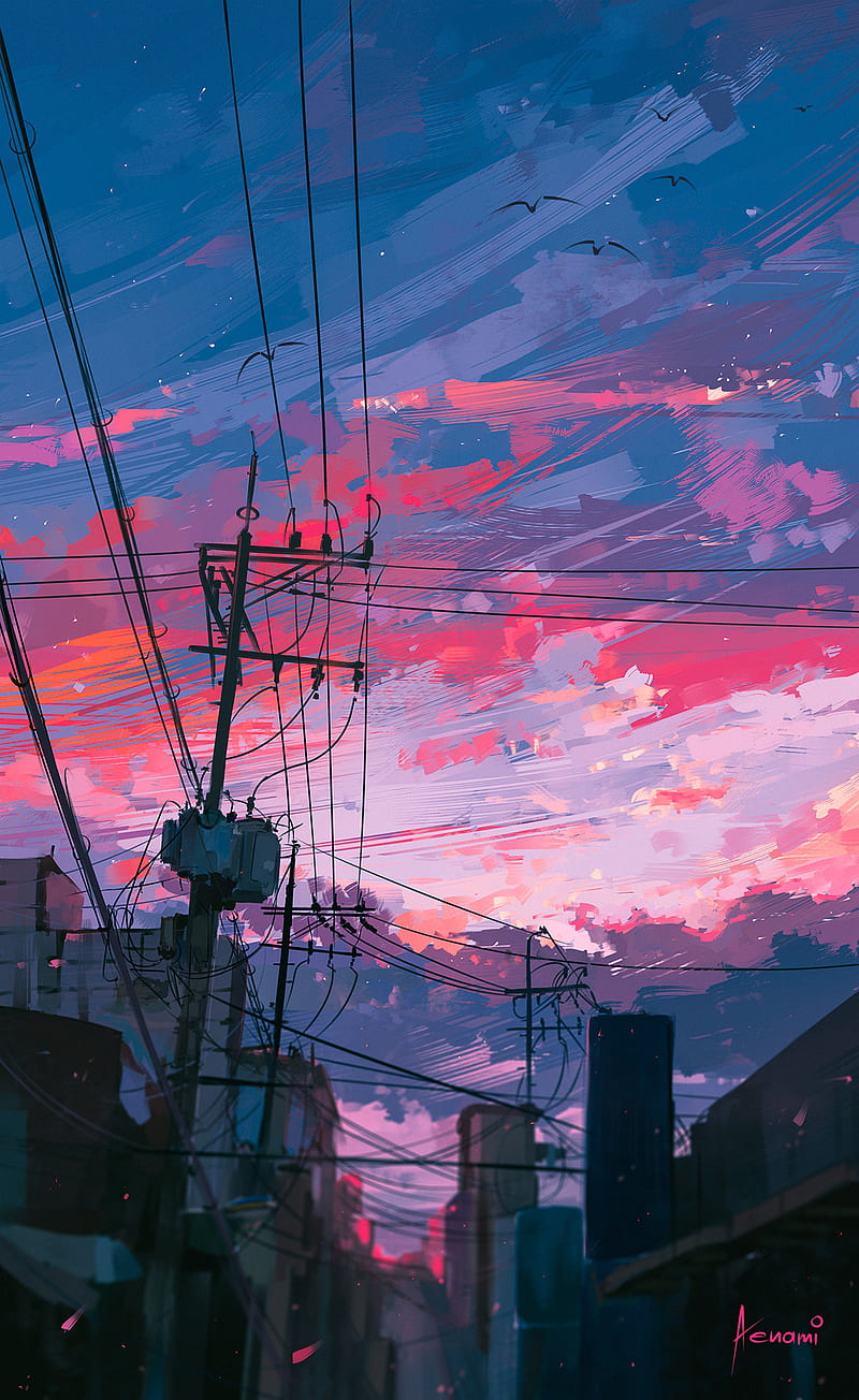 sunset, town, sky, clouds, portrait display, Aenami, power lines, HD phone wallpaper