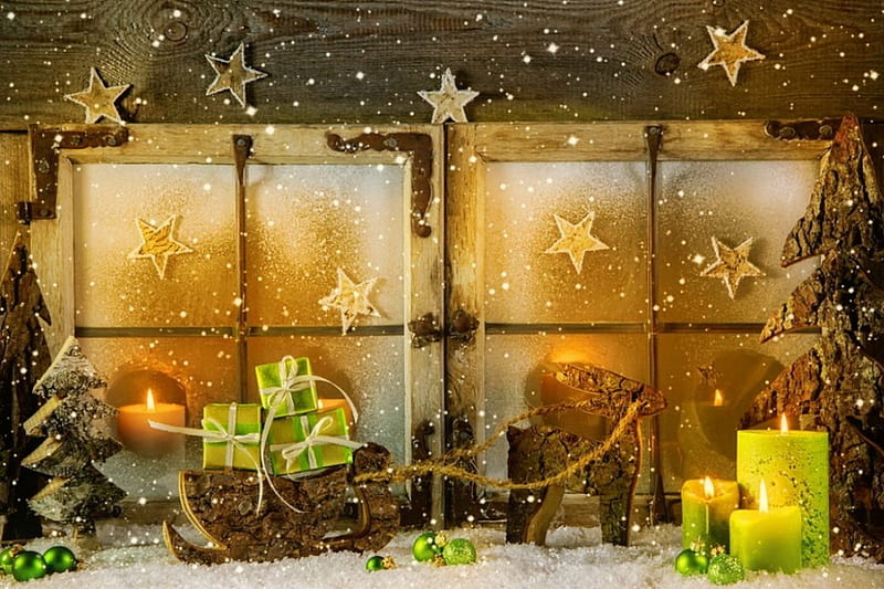 Christmas window, stars, house, cozy, window, christmas, home, bonito, mood, deer, candles, winter, snow, light, frost, HD wallpaper