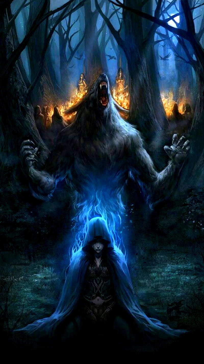 Werewolf, fantasy, fire, forest, girl, night, wolf, HD phone wallpaper