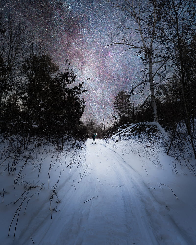night, snow, man, alone, starry sky, winter, HD phone wallpaper