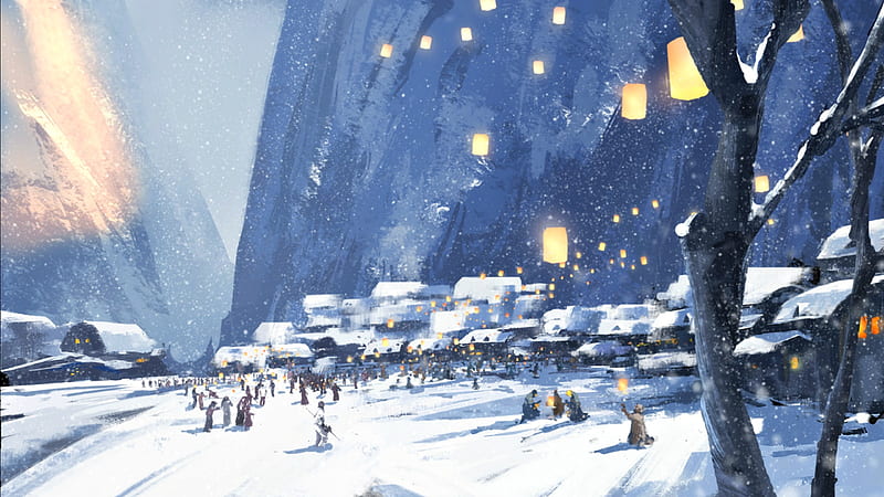 Winter, art, lantern, luminos, wlop, fantasy, snow, village, white, blue, HD wallpaper