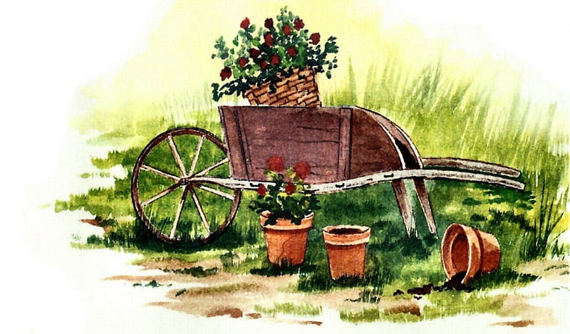 Planting the Garden, art, wheel barrow, spring, illustration, artwork, pots, plants, painting, wide screen, scenery, landscape, HD wallpaper
