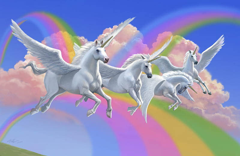 Flying in rainbows, unicorn, clark tate, fantasy, wings, pegasus, rainbow, HD wallpaper