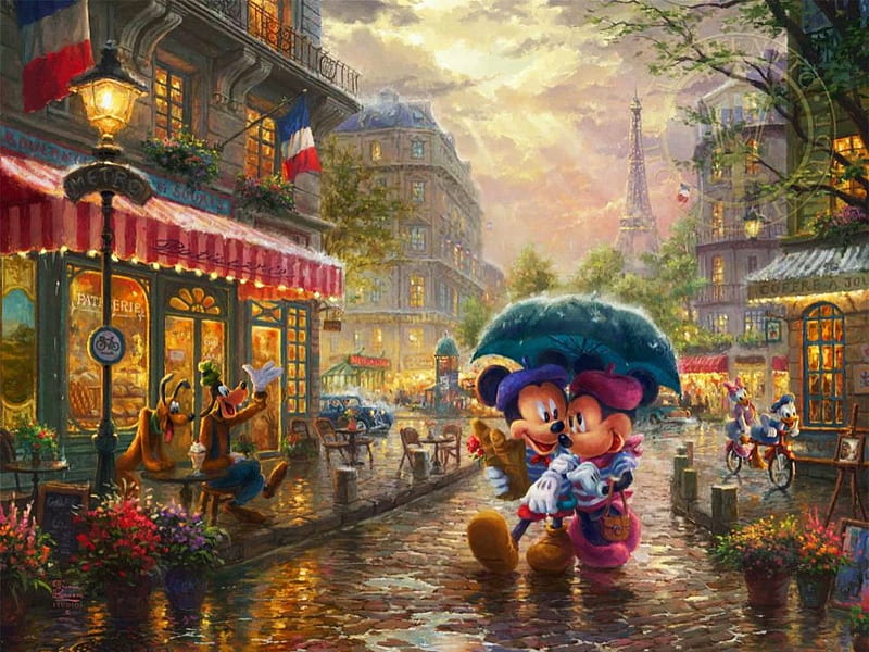 Mickey and Minnie in Paris, goofy, artwork, donald, restaurant, eiffel tower, painting, pluto, daisy, street, HD wallpaper