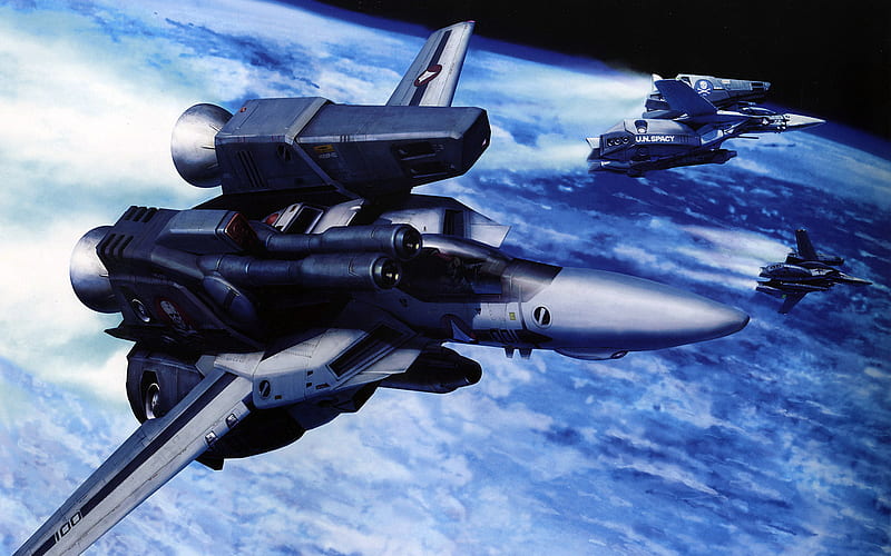 Space Fight !!, mecha, vf-1s super packed, space, anime, valkyrie, macross, comrade, earth, HD wallpaper