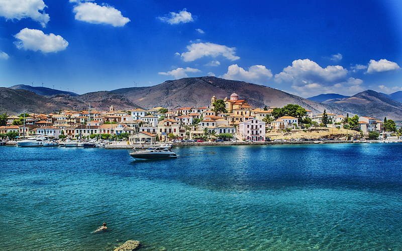 Greece, summer, sea, Mediterranean, resort, coast, travel, yacht, Europe, HD wallpaper