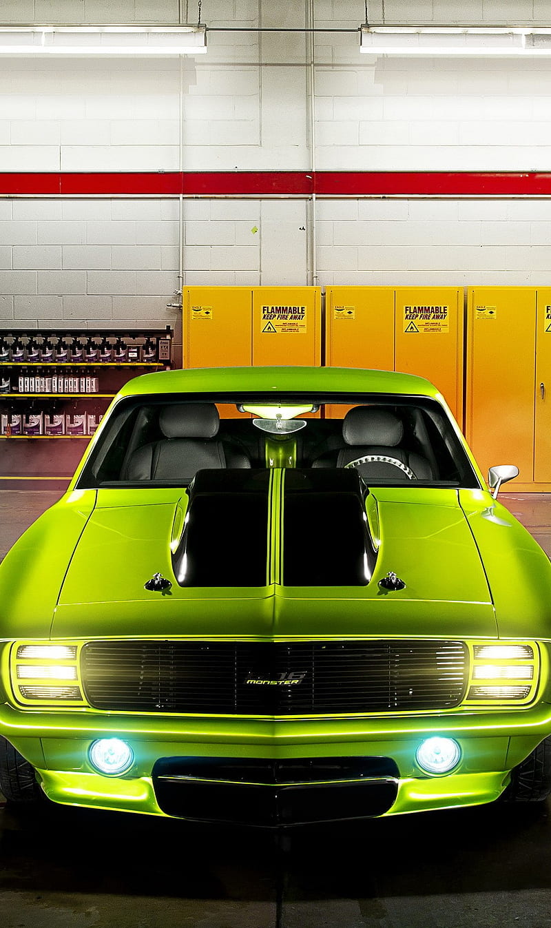 Monster, car, garage, green car, lights, HD phone wallpaper