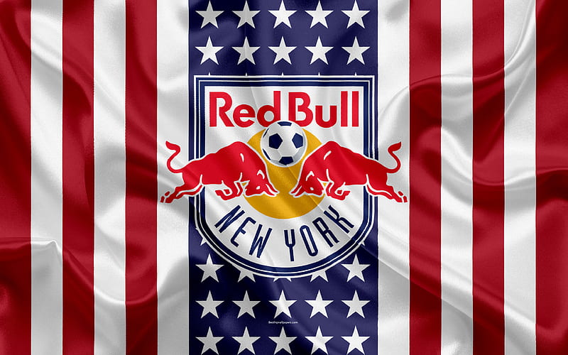 New York Red Bulls logo, silk texture, American flag, Red Bulls emblem, football club, MLS, New York, USA, Major League Soccer, Eastern conference, HD wallpaper