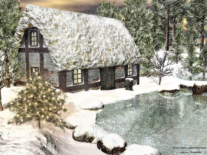 Glazed, pond, art, christmas tree, house, snow, tres, ice, winter, HD wallpaper