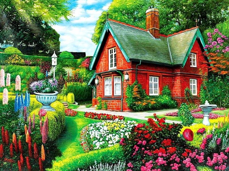 Summer cottage, parasdise, colorful, art, house, grass, cottage, greenery, cabin, trees, yard, flkowers, painting, summer, village, garden, nature, HD wallpaper