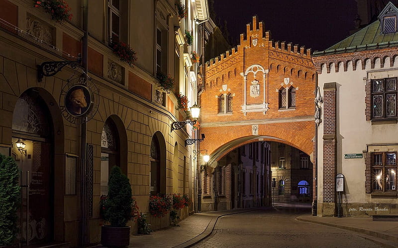 Gate in Krakow, Poland, night, gate, houses, Krakow, Poland, street, HD wallpaper