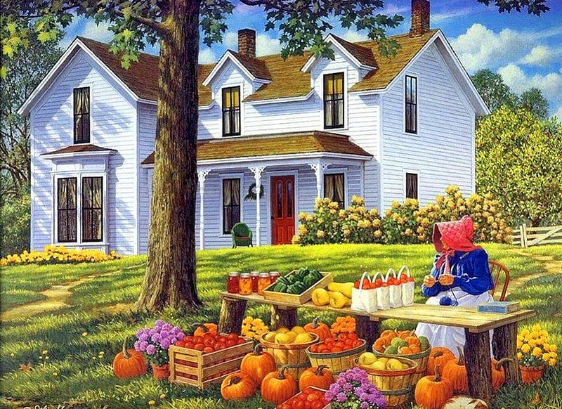 Farm fresh, autumn, house, grass, cottage, fruits, home, bonito, woman, countryside, farm, nice, painting, street, rural, art, rustic, lovely, fresh, freshness, girl, plenty, nature, vegetables, HD wallpaper