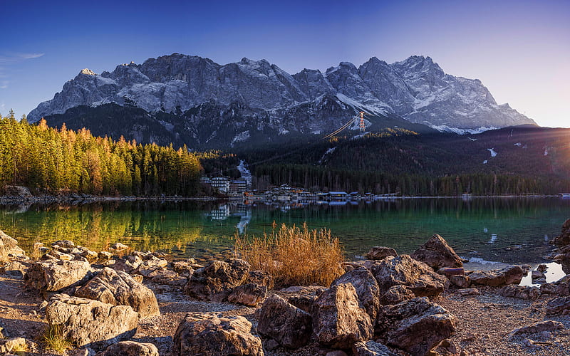 Lake Eibsee, autumn, beautiful nature, mountains, Bavaria, Germany, Alps, Europe, german nature, HD wallpaper