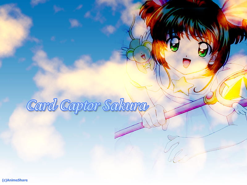 Card Captor Sakura, sakura, sky, clouds, cute, kawaii, girl, anime, keroberos, sakura kinomoto, blue, HD wallpaper