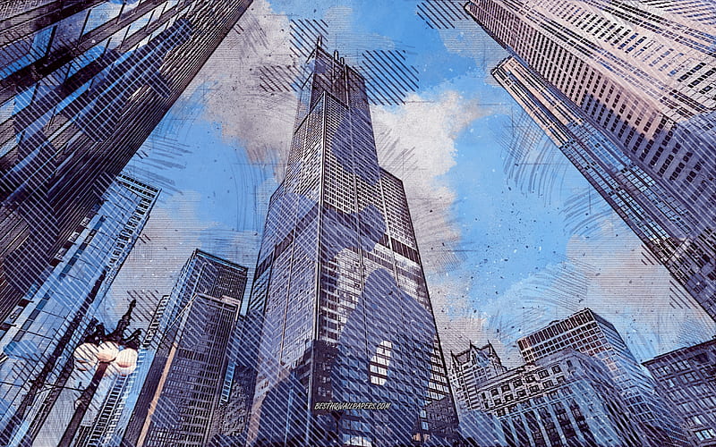 Willis Tower, Sears Tower, Chicago, Illinois, USA, grunge art, creative art, painted Willis Tower, drawing, Willis Tower grunge, digital art, Chicago grunge, painted Chicago, HD wallpaper