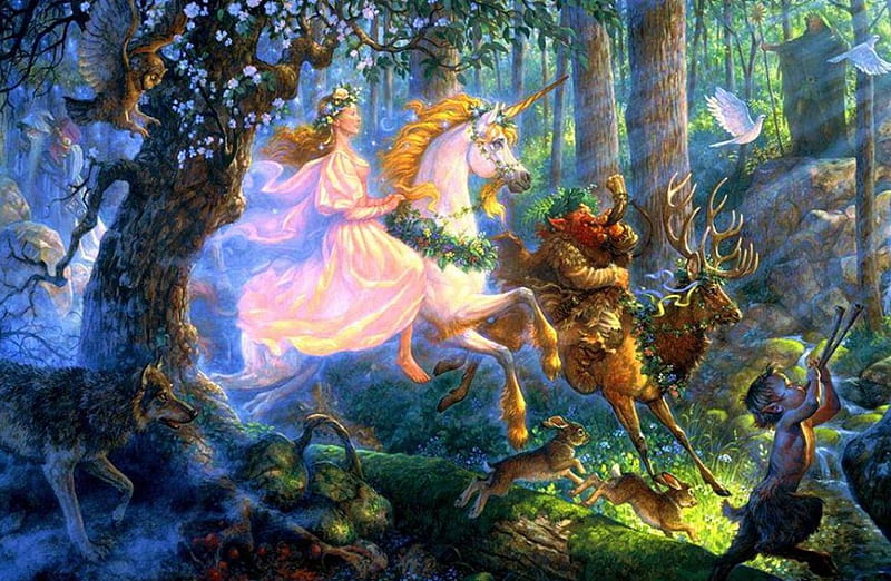 Forest Fairy, owl, unicorn, gnome, trees, horse, artwork, deer, rabbits, wolf, HD wallpaper