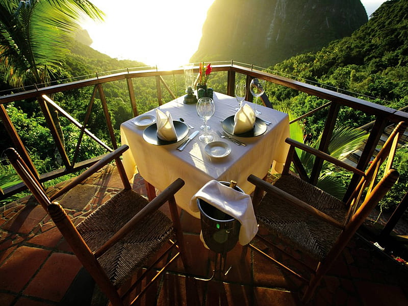Table for Two - Spectacular Mountain View - St Lucia Caribbean Island, resort, dinner, dusk, bonito, sunset, twilight, eat, st lucia, mountain, two, evening, luxury, table, hotel, exotic, islands, view, food, vista, caribbean, paradise, island, tropical, HD wallpaper