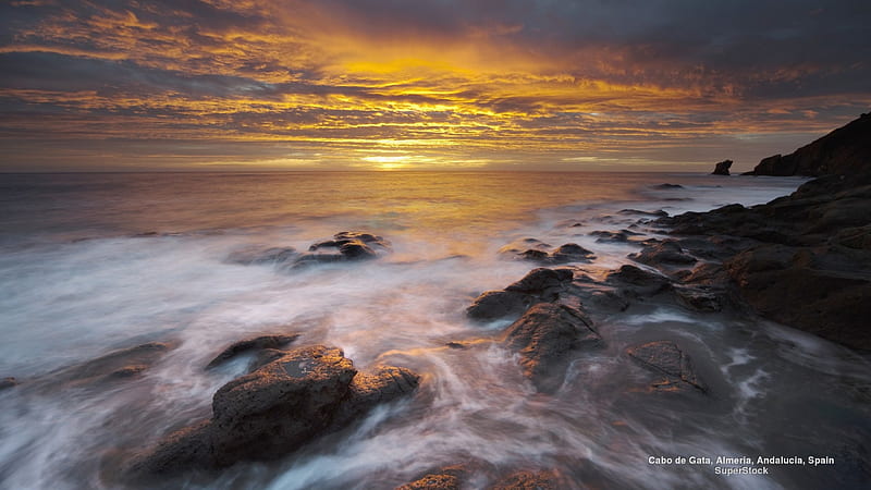 Cabo de Gato, tide, water, seashore, ocean, sunset, Spain, Rocks, HD wallpaper