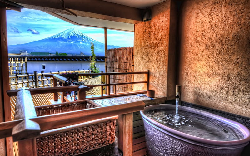 view of mt fuji from kawaguchico onsen hot spring resort r, mountain, resort, tub, view, r, room, HD wallpaper