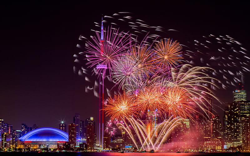 Toronto, CN Tower, night, evening, city lights, Toronto cityscape, Fireworks, Ontario, Canada, HD wallpaper