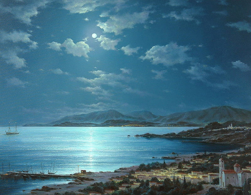 Moonlight night in Crete, art, cloud, ocean, grecia, crete, sky, sea, beach, georgy dmitriev, water, painting, aqua, moonlight, village, blue, night, HD wallpaper