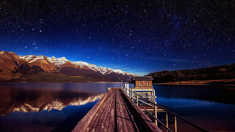 Footbridge in Lake Wakatipu, New Zealand, bridge, mountains, nature, starry, sky, reflection, lake, HD wallpaper